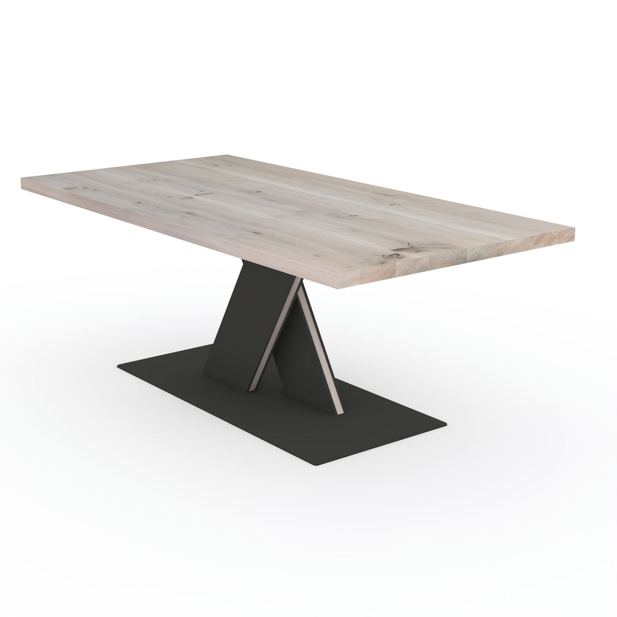 Rustikaler Esstisch aus geölter Eiche, grau, mit stabilem Stahl-Fuß im X-Design, von Wildwuchs-Möbel.
