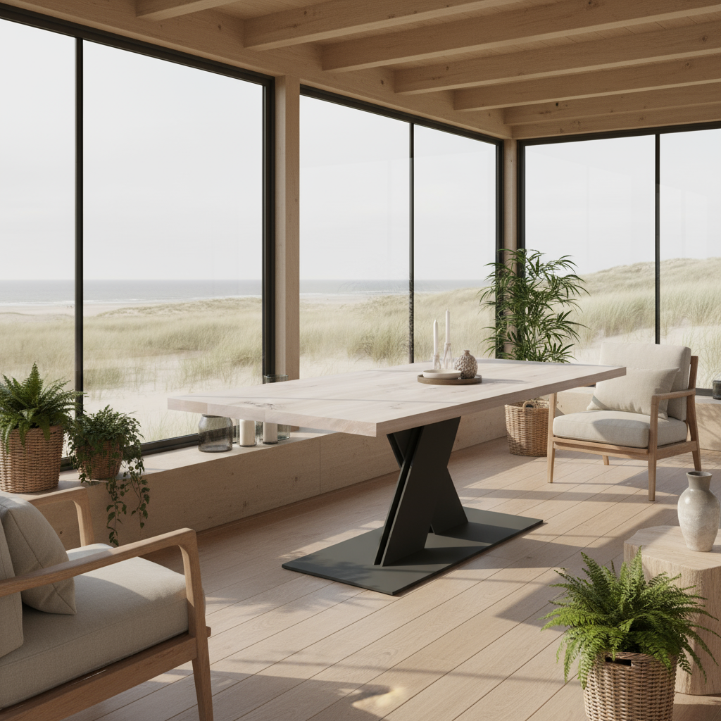 Rustikaler Esstisch aus geölter Eiche mit weißem Finish und stabilem Stahl-Fuß in flachem X-Design.