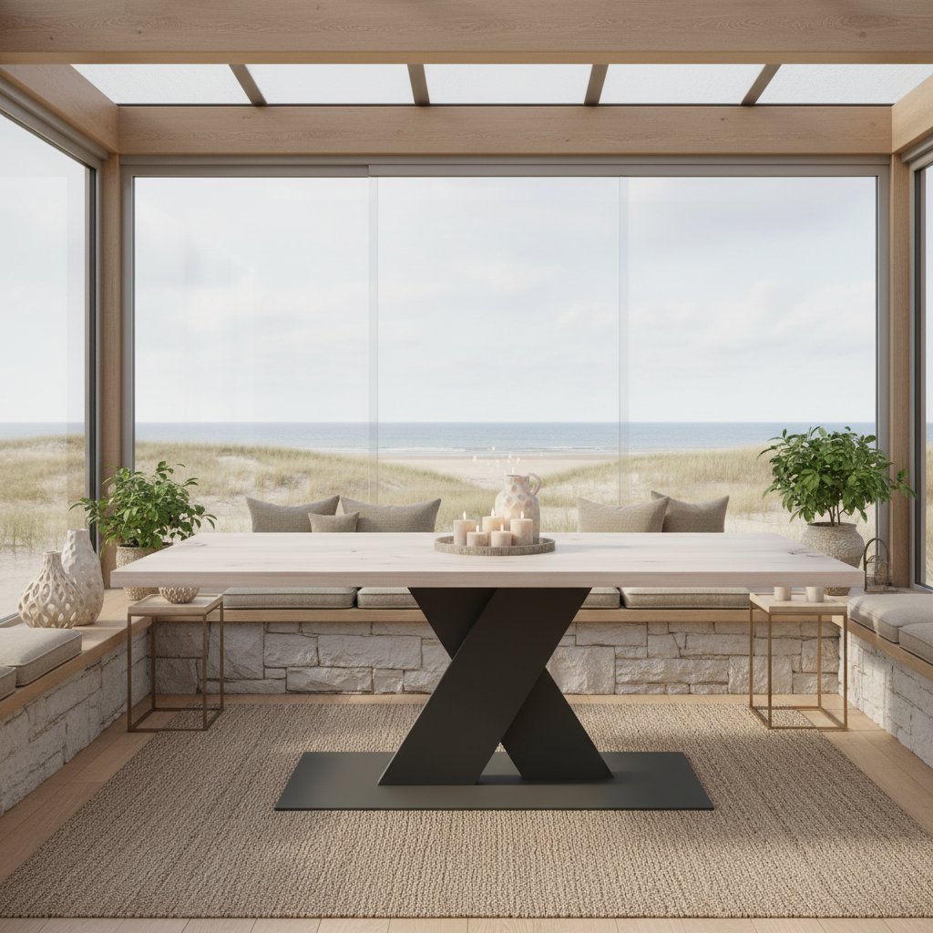 Rustikaler Esstisch aus Eiche mit weißer Ölung, massiver Stahl-Fuß im Flachen X-Design, von Wildwuchs-Möbel.