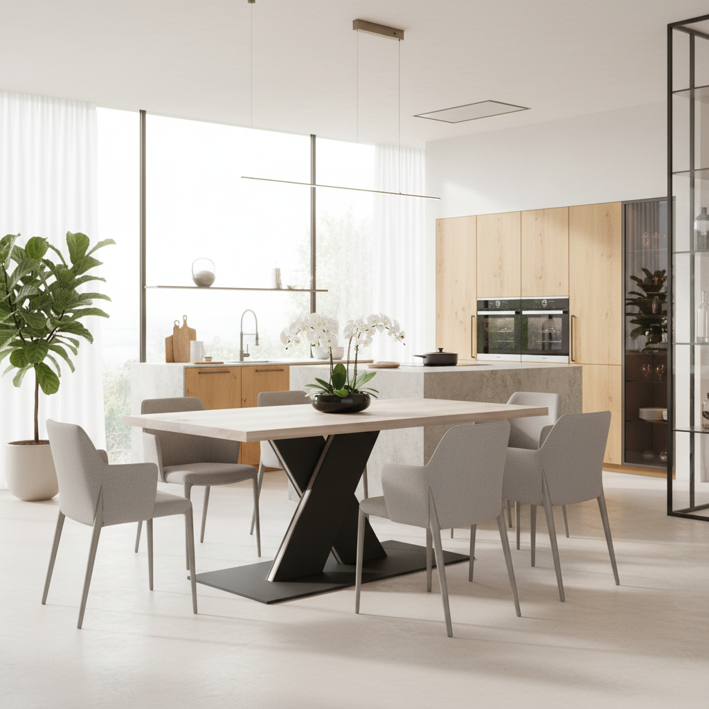 Rustikaler Esstisch aus geölter Eiche mit weißem Finish, massiver Stahlfuß im flachen X-Design, langlebiges Holz.