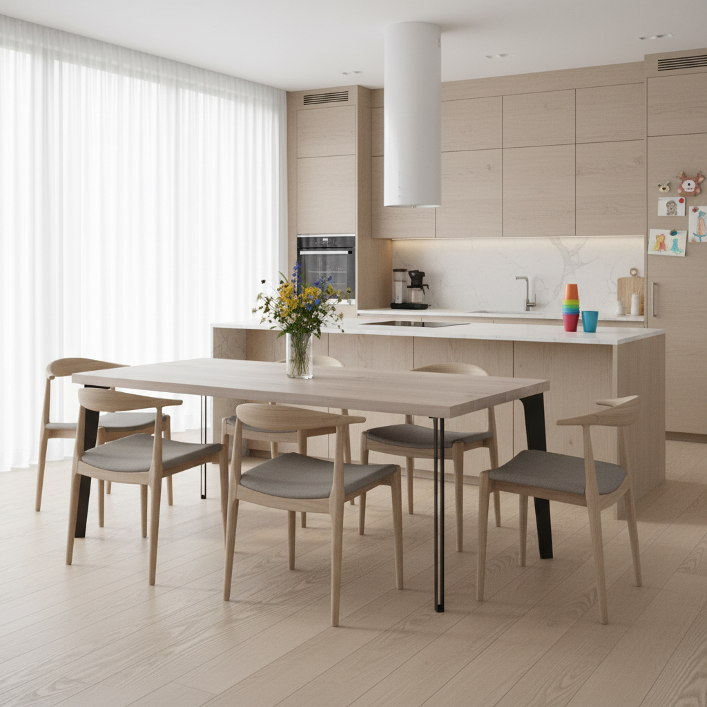 Rustikaler Esstisch aus Eiche mit weißer Ölung und hohlem Stahlfuß, langlebiges Design, von Wildwuchs-Möbel