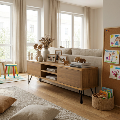 Modernes Lowboard Eiche Premium natur geölt, 150cm mit Stangenfuß von Wildwuchs-Möbel, klare Linien und elegante Optik