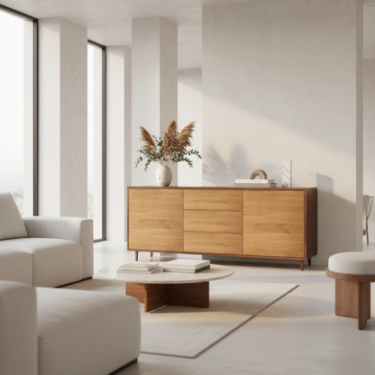 Hochwertiges Eichen-Sideboard von Wildwuchs-Möbel in braun/natur geölt, 180 cm breit, modernes Design, zentral in hellem Wohnzimmer