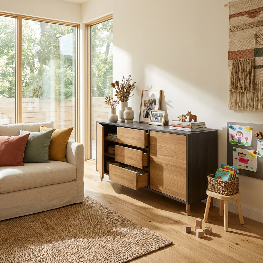 Modernes Eichen-Sideboard von Wildwuchs-Möbel, natur- und schwarz geölt, 180cm breit, mit klaren Linien und elegantes Design.