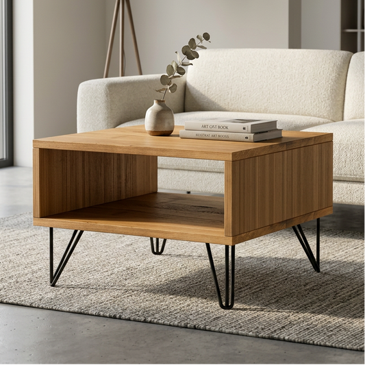 Couchtisch aus massiver Eiche mit schwarzen Stahlfüßen, naturgeölt, von Wildwuchs-Möbel, 50 cm breit, moderne Wohnzimmermöbel.
