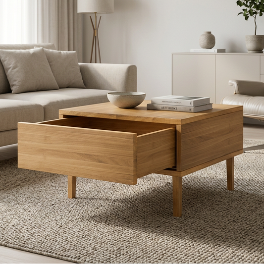 Moderner Couchtisch aus Eiche mit Schublade, natur geölt, 50cm breit, Wildwuchs-Möbel, hochwertiges Massivholz-Design