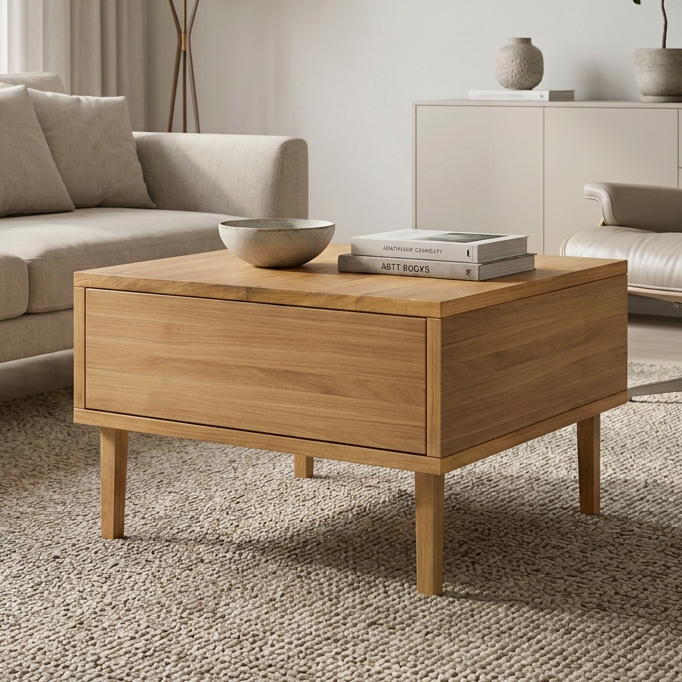 Couchtisch aus Eiche, natur geölt, mit Schublade, 50cm, massivholz, von Wildwuchs-Möbel, elegante Wohnzimmermöbel.