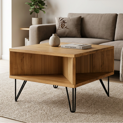 Moderner Couchtisch aus Eiche mit schwarzen Stahlfüßen, naturgeölt, 50 cm breit, von Wildwuchs-Möbel, Hauptansicht