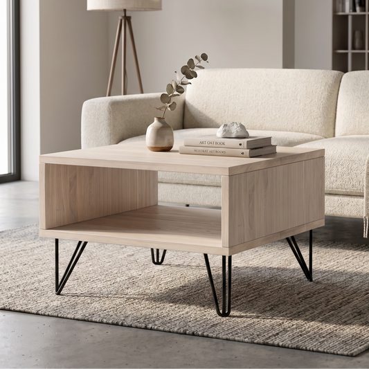 Couchtisch aus Eiche mit schwarzen Stahlfüßen, 50cm, geölt, von Wildwuchs-Möbel, modernes Design, sichtbare Holzmaserung