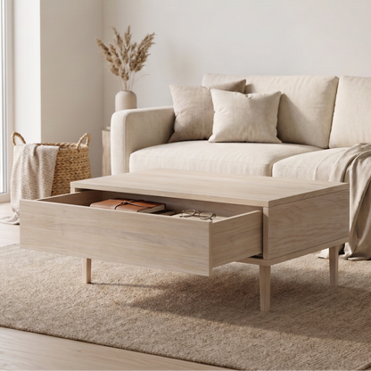 Couchtisch aus Eiche mit 80cm Länge, massives Holz, Schublade, geölt, von Wildwuchs-Möbel, modern und hochwertig.