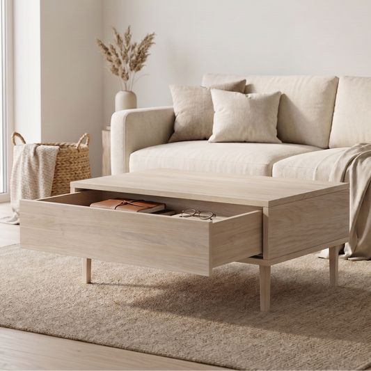 Couchtisch aus Eiche mit 80cm Länge, massives Holz, Schublade, geölt, von Wildwuchs-Möbel, modern und hochwertig.