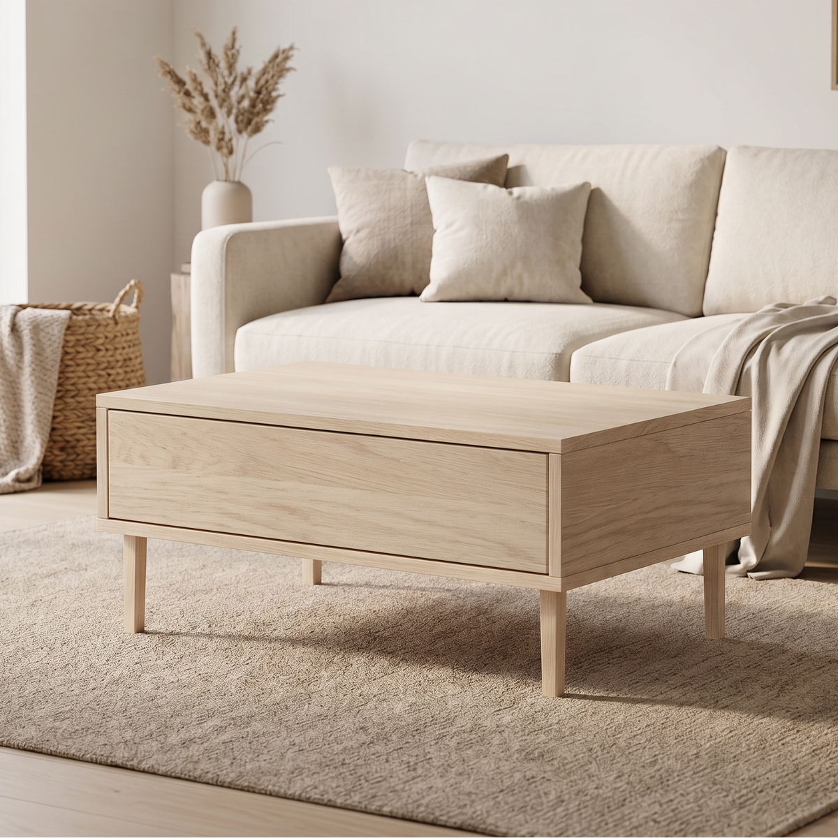 Moderner Couchtisch aus Eiche mit Schublade und Holzfüßen, geölt, 80 cm breit, von Wildwuchs-Möbel.