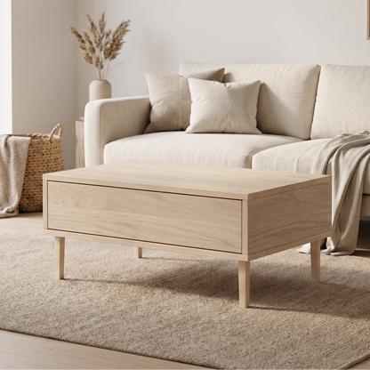 Moderner Couchtisch aus Eiche mit Schublade und Holzfüßen, geölt, 80 cm breit, von Wildwuchs-Möbel.