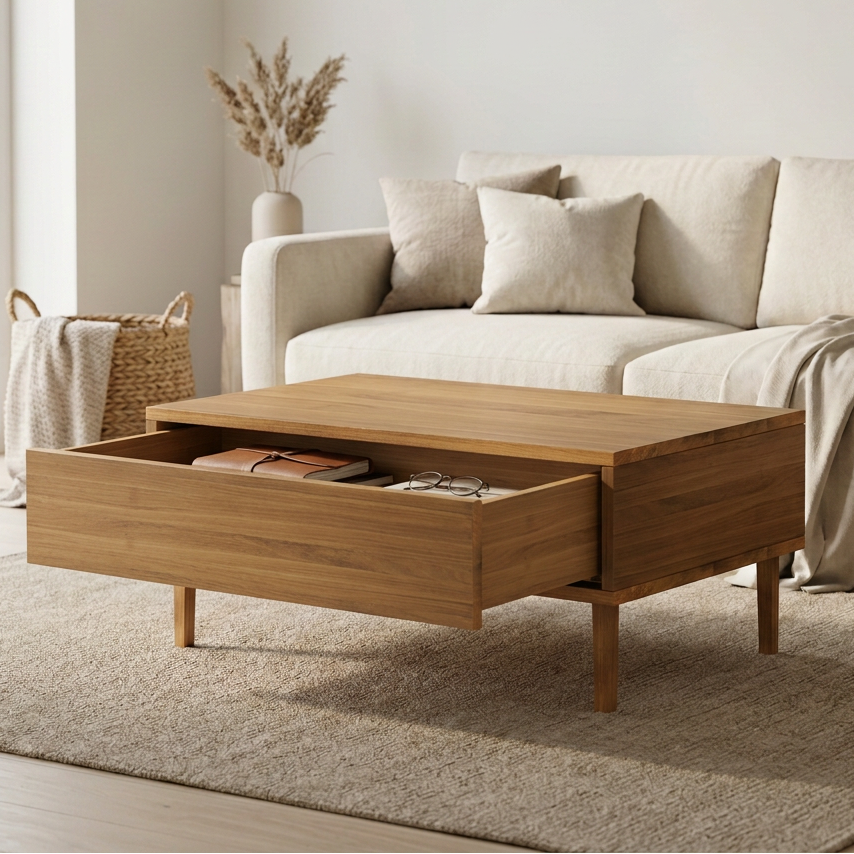 Massiver Couchtisch aus Eiche mit Schublade, naturgeölt, 80 cm breit, von Wildwuchs-Möbel, Hauptansicht des Designs