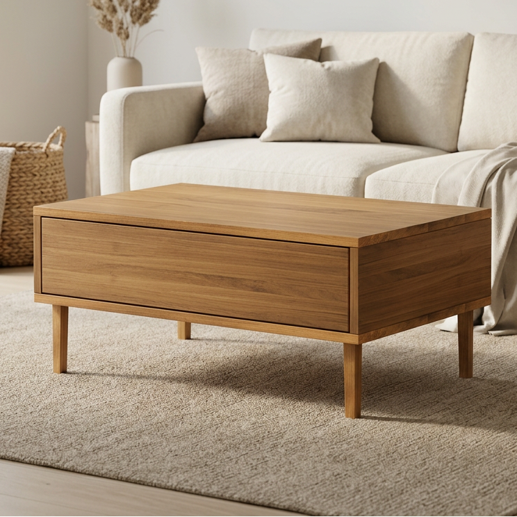 Couchtisch aus massiver Eiche mit Schublade, 80cm breit, natur geölt, von Wildwuchs-Möbel, elegante und robuste Wohnzimmermöbel.