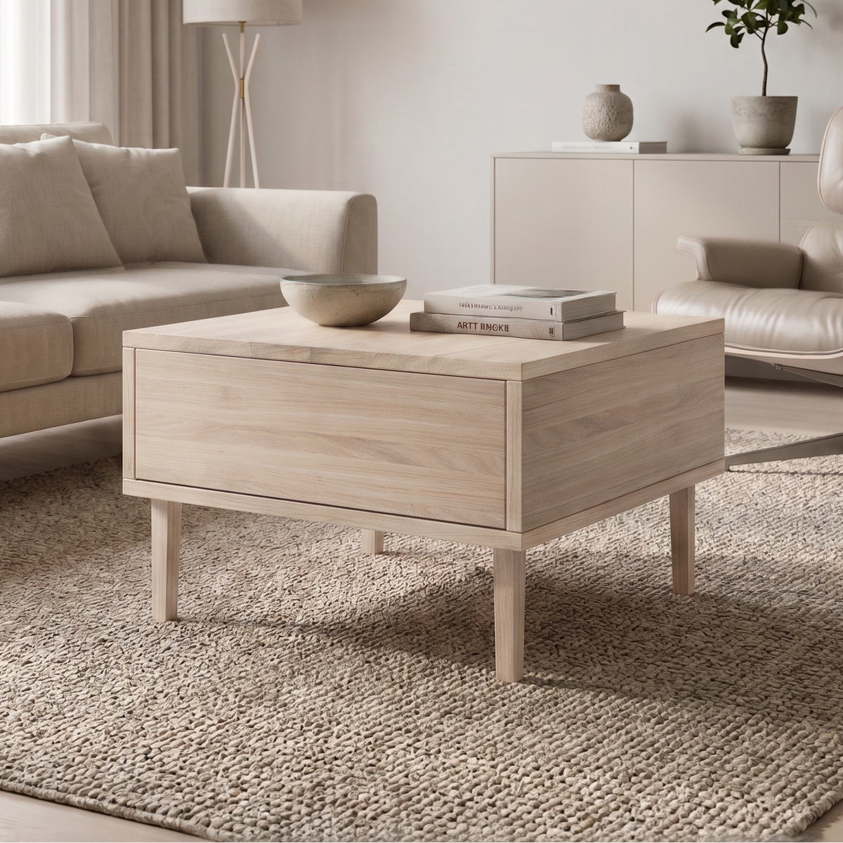 Couchtisch aus Eiche mit Schublade, geölt, 50cm breit, massives Holz, Wildwuchs-Möbel, elegantes Design mit Holzfüßen