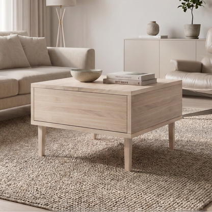 Couchtisch aus Eiche mit Schublade, geölt, 50cm breit, massives Holz, Wildwuchs-Möbel, elegantes Design mit Holzfüßen