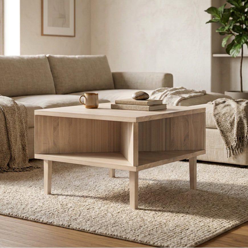 Massiver Couchtisch aus Eiche von Wildwuchs-Möbel mit unsichtbaren geölten Holzfüßen, 50 cm breit, elegantes modernes Design