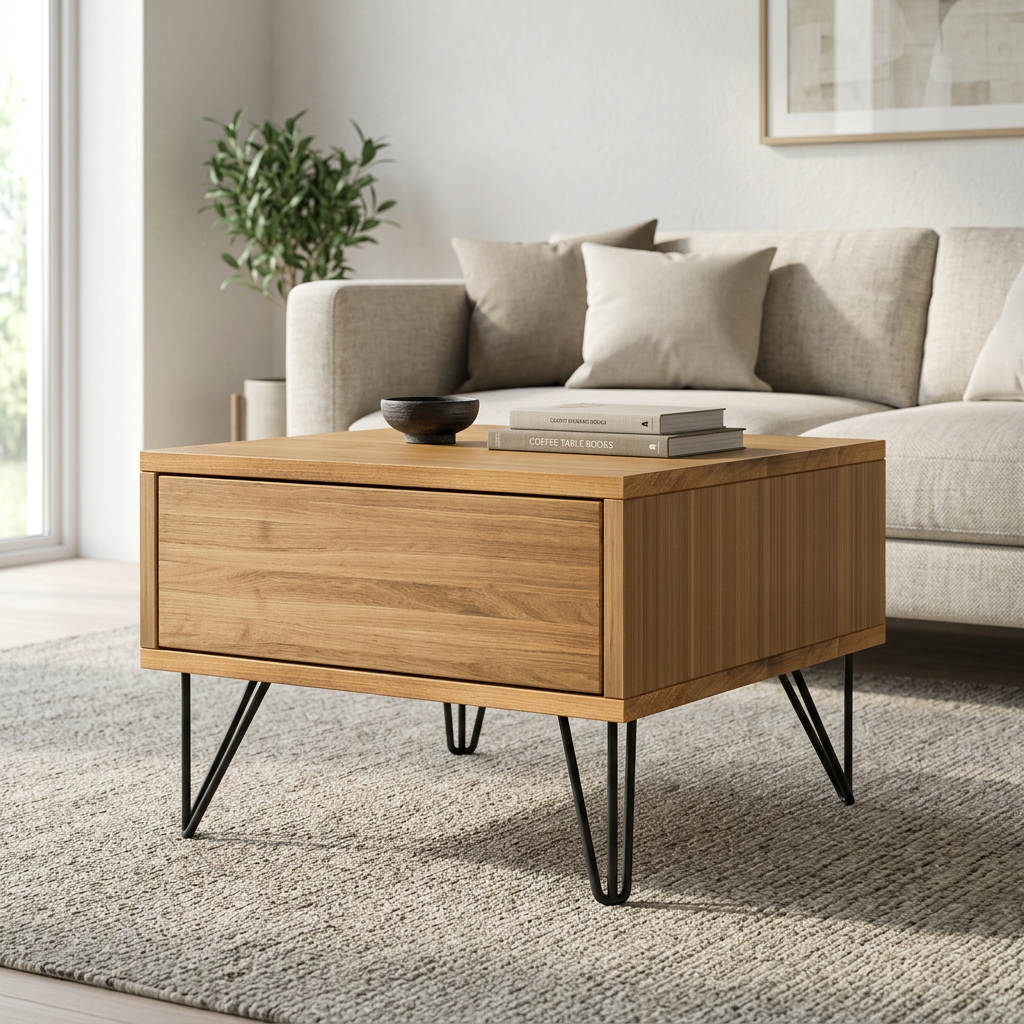 Couchtisch aus Eiche mit Schublade, natur geölt, 50cm, schwarze Stahlfüße, hochwertiges Design von Wildwuchs-Möbel.