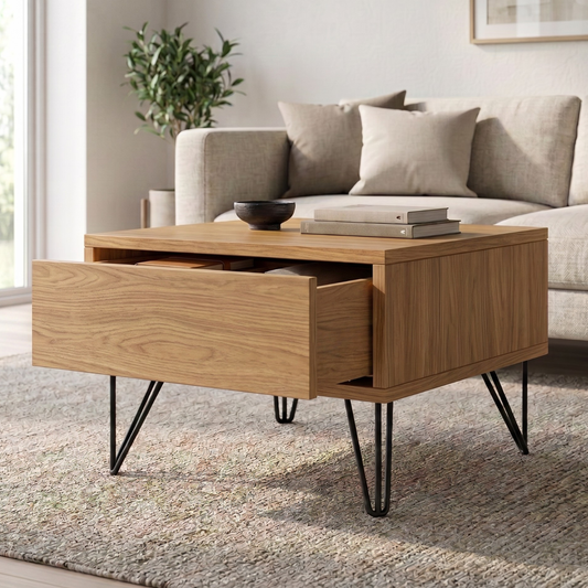 Couchtisch aus Eiche mit naturöl Finish, 50cm, mit Schublade und schwarzen Stahlfüßen, von Wildwuchs-Möbel.