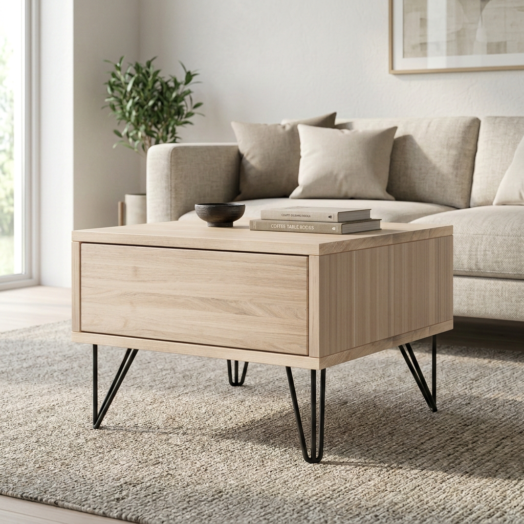 Couchtisch aus Eiche mit schwarzen Stahlfüßen, Invisible-Ölung und Schublade, hochwertiges Design von Wildwuchs-Möbel.