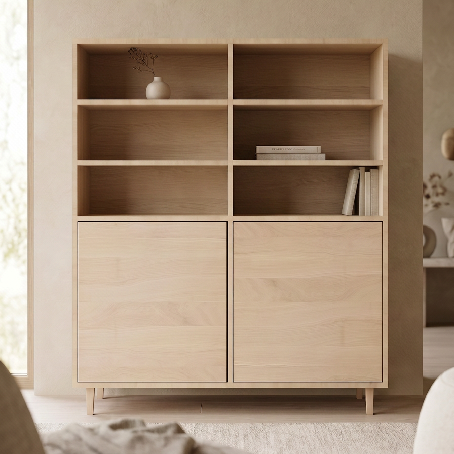 Hochschrank aus massiver Eiche von Wildwuchs-Möbel, geölt, 120 cm breit, elegantes Design, sichtbare Frontansicht