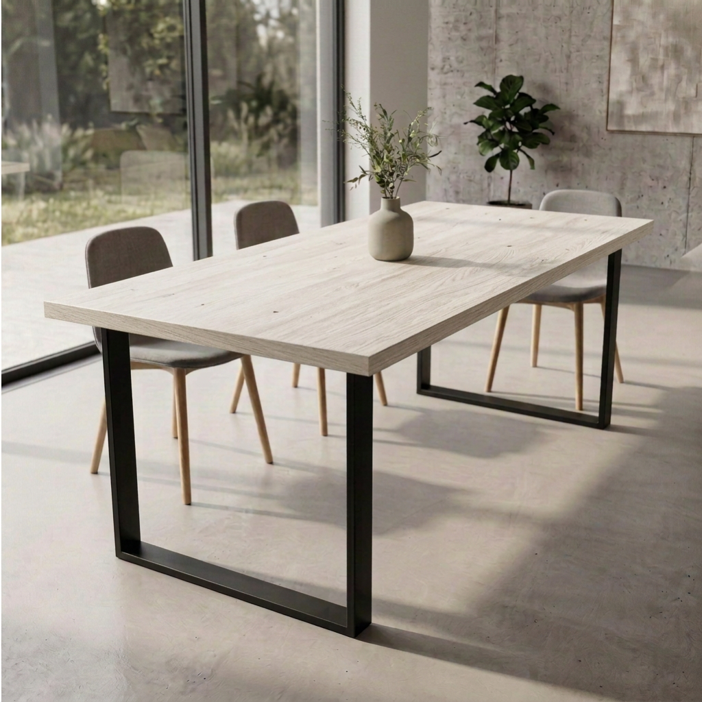 Rustikaler Esstisch aus Eiche mit weißer Ölung und U-förmigem Stahlfuß, von Wildwuchs-Möbel, massives Holzdesign