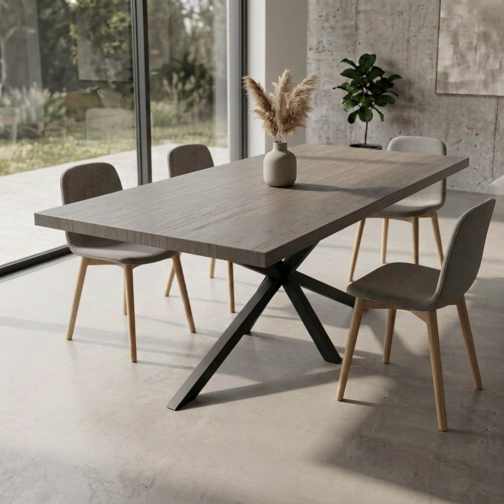 Massiver Esstisch aus Eiche von Wildwuchs-Möbel, geölt in Grau, mit stabilem Fuß im Spidergestell-Design.