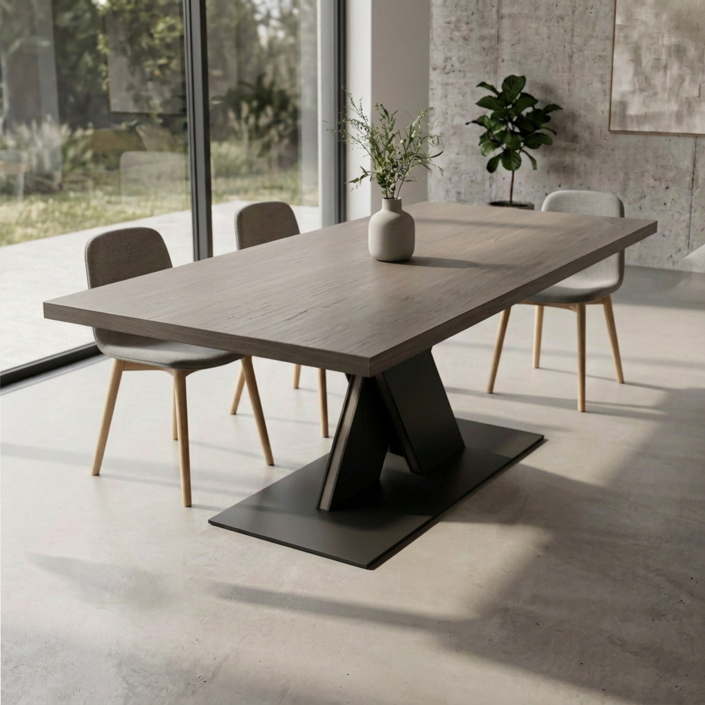 Edler Esstisch aus Eiche mit grauer Ölung, massiver Stahl-X-Fuß und Holzdetails, Wildwuchs-Möbel Möbel für gemütliche Essbereiche