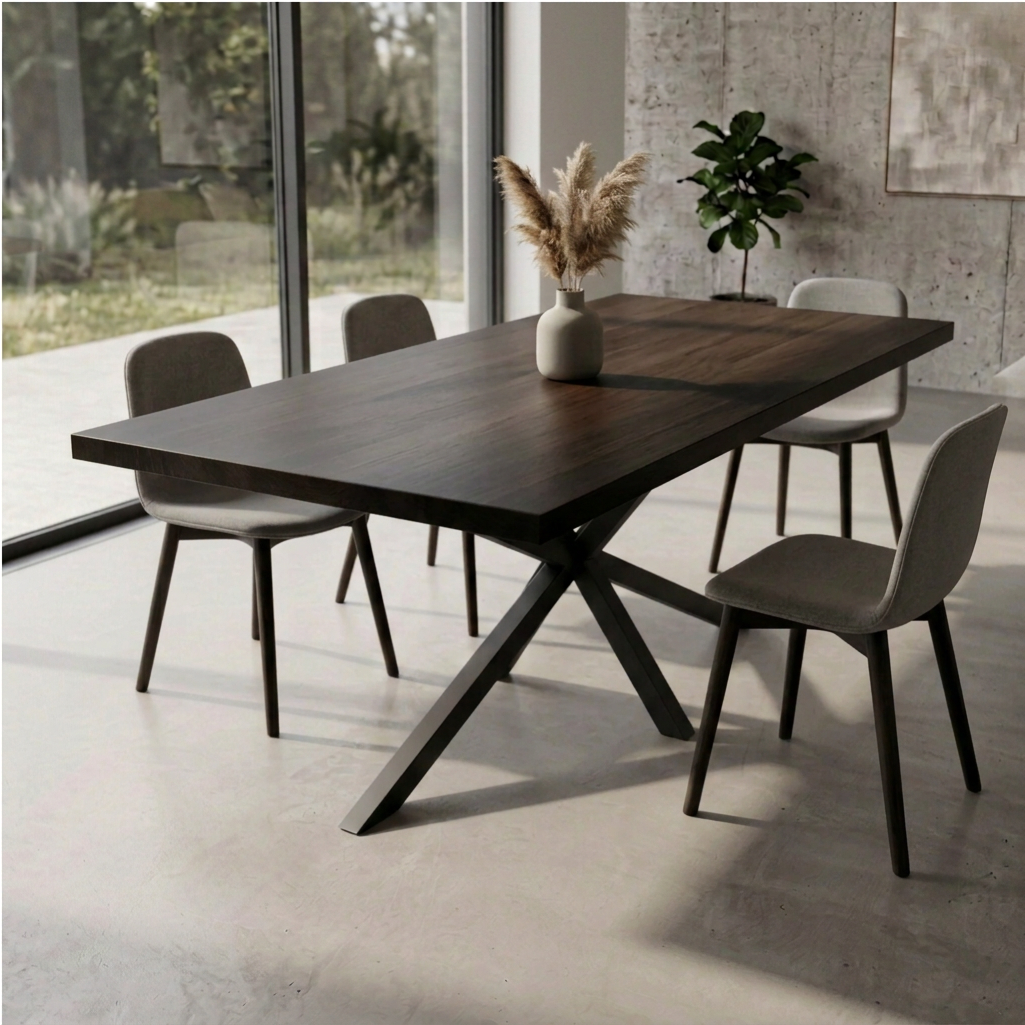 Gerader Esstisch aus Eiche mit schwarzer Öloberfläche und Spidergestell von Wildwuchs-Möbel, massivholz, elegantes Design