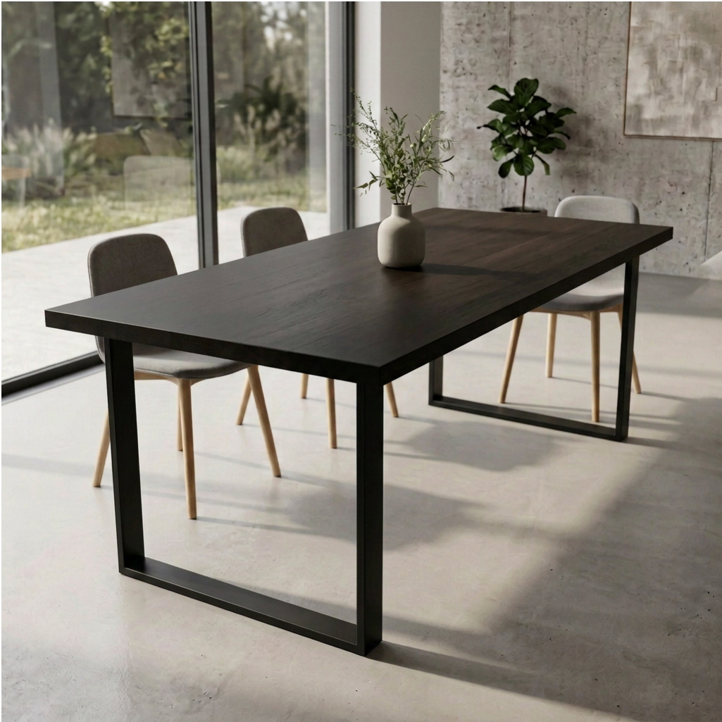 Massiver Esstisch aus Eiche in Schwarz geölt von Wildwuchs-Möbel mit U-förmigem Fuß, elegantes und robustes Design