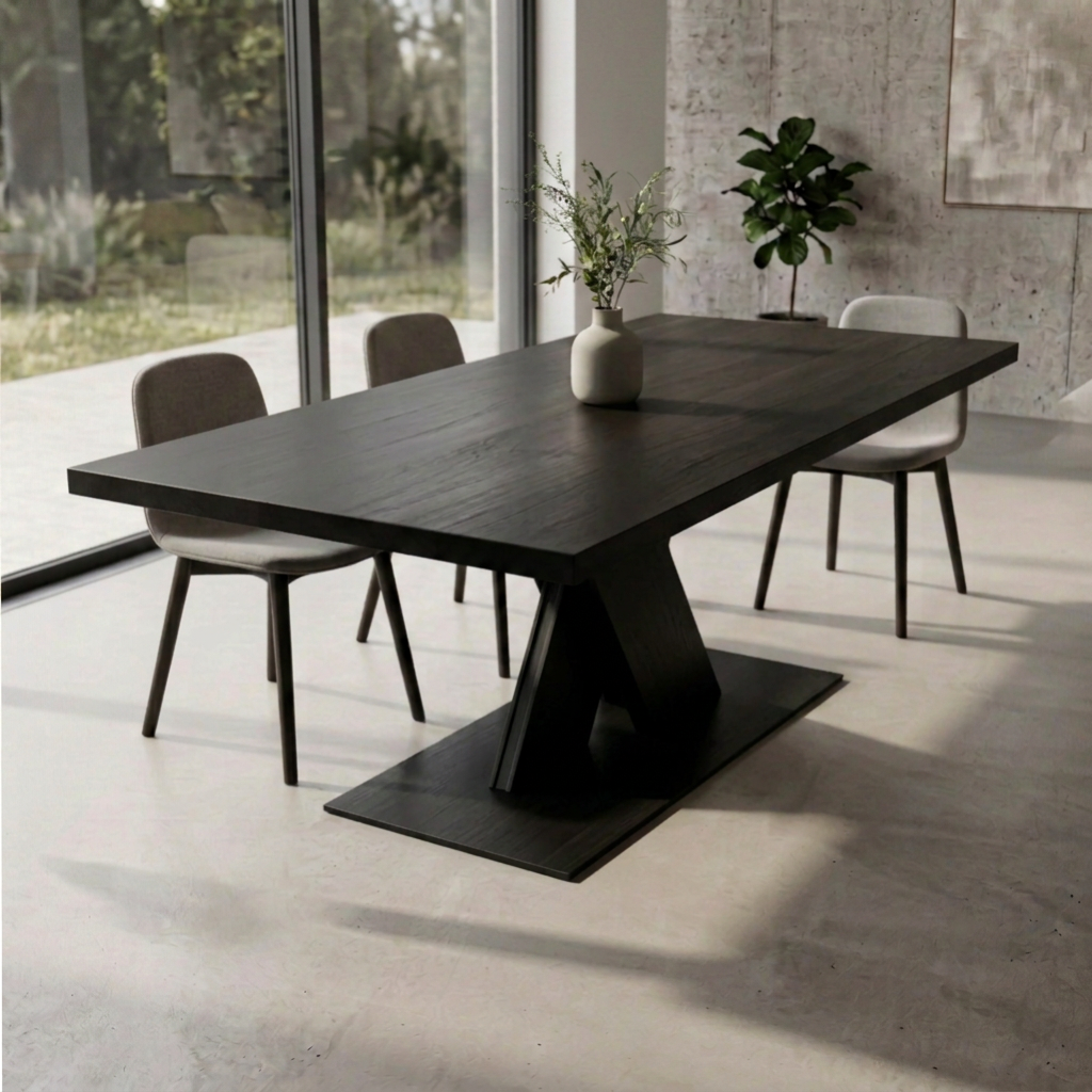Massiver Esstisch aus Eiche mit schwarzer Öloberfläche, Holz und Stahl-Fuß im X-Design, von Wildwuchs-Möbel.