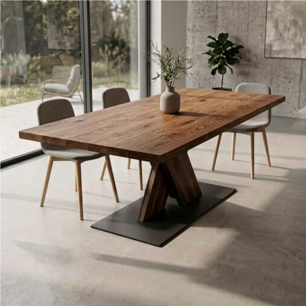 Rustikaler Esstisch aus geölter Eiche mit brauner Oberfläche, massiver Stahl-X-Fuß, natürliches Holzdesign, von Wildwuchs-Möbel
