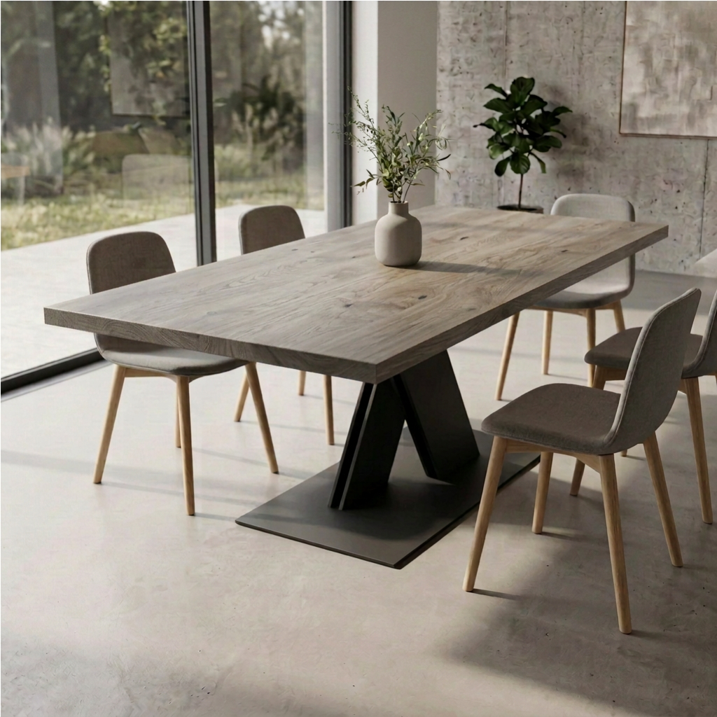 Rustikaler Esstisch aus Eiche mit grau geöltem Finish und Fuß aus massivem Stahl im X-Design, von Wildwuchs-Möbel.