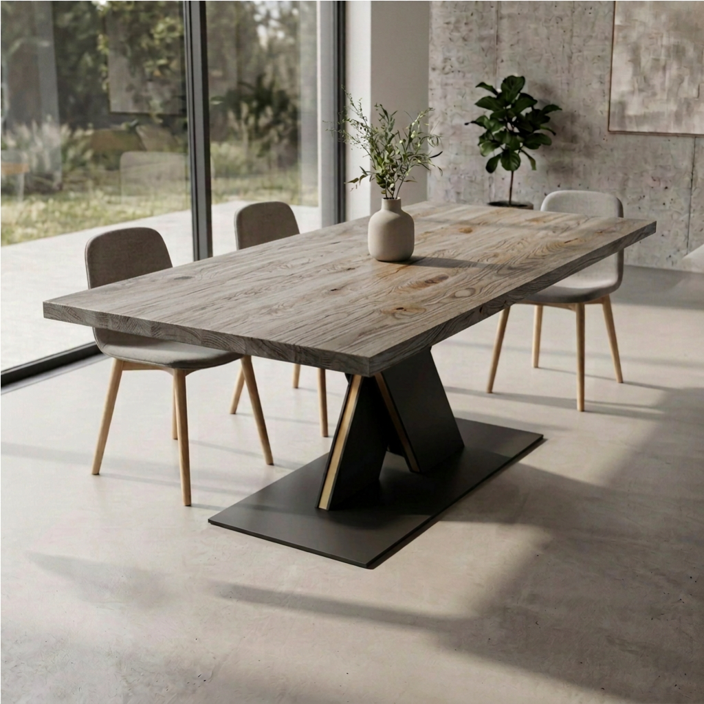 Rustikaler Esstisch aus geölter Eiche mit grauem Finish, massiver Stahl-Fuß im X-Design, von Wildwuchs-Möbel.