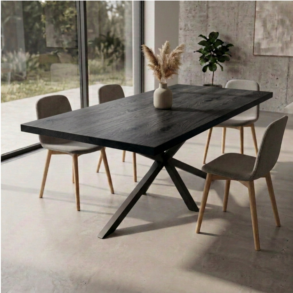 Rustikaler Esstisch aus Eiche mit schwarzer Ölung und Spidergestell von Wildwuchs-Möbel, massives Holz, robustes Design.