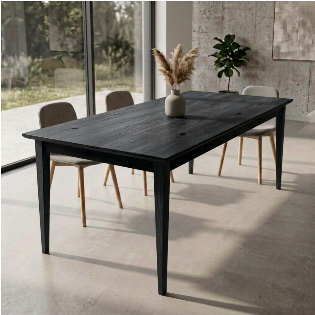 Rustikaler Esstisch aus massiver Eiche in Schwarz geölt mit schlankem Holzfuß, wildwuchs-Möbel, langlebiges Design