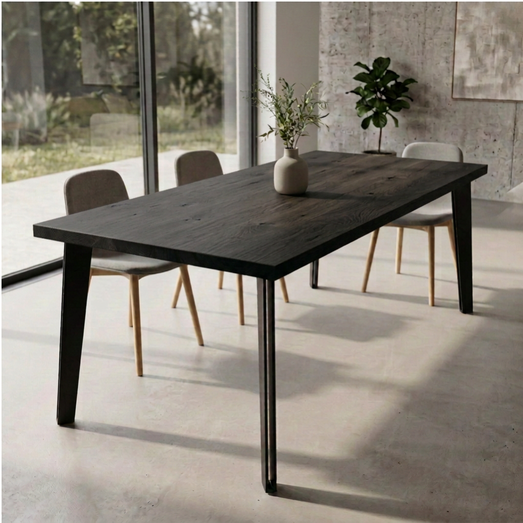 Massiver Esstisch aus Eiche, rustikal schwarz geölt mit schwarzem Stahlhohlbein, von Wildwuchs-Möbel, naturbelassenes Design.