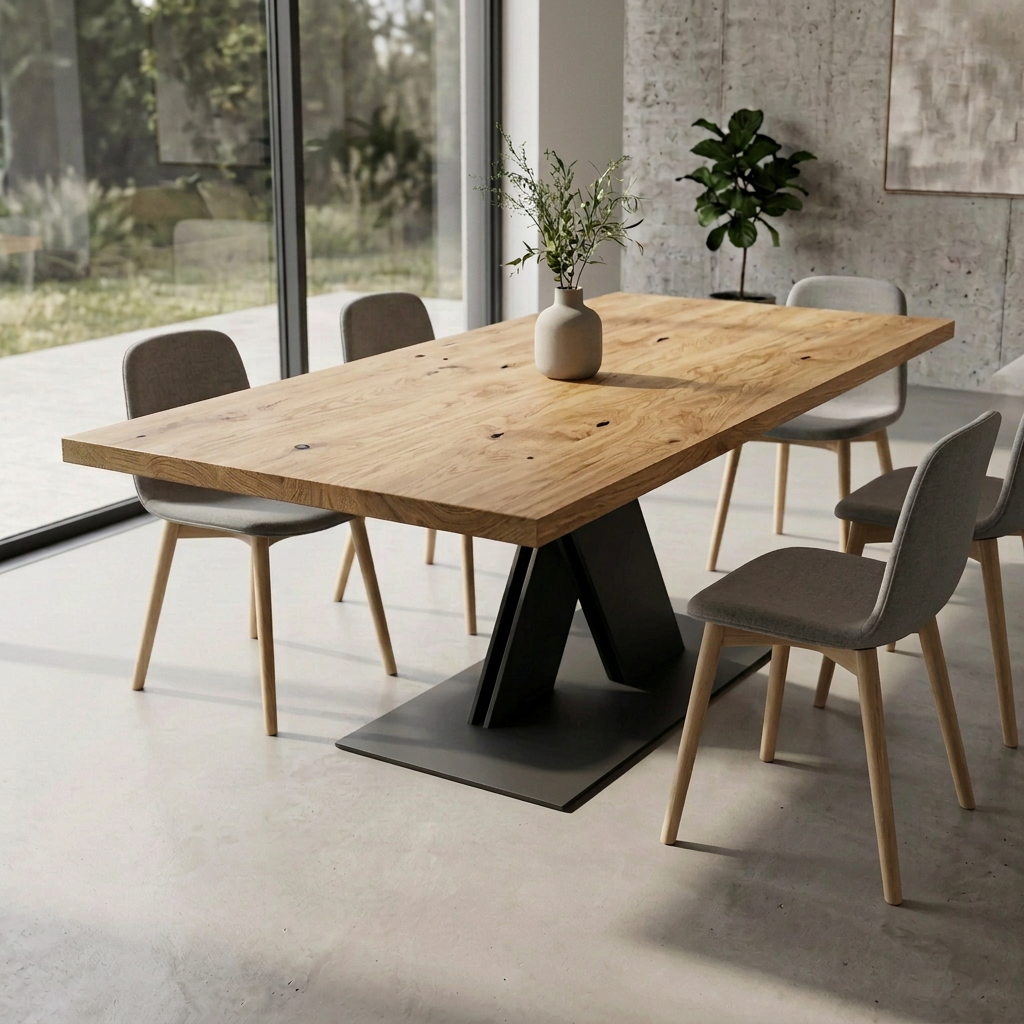 Rustikaler Esstisch aus geölter Eiche mit massivem Stahl-Fuß "Flaches X" von Wildwuchs-Möbel, naturbelassenes Holzdesign