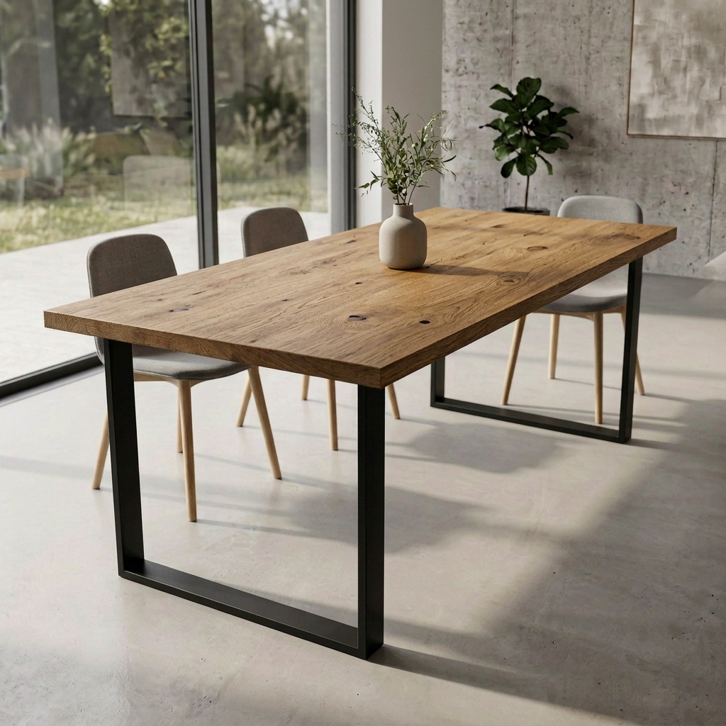 Rustikaler Esstisch aus geölter Eiche mit U-förmigem Fuß von Wildwuchs-Möbel, naturbelassenes Massivholzdesign.