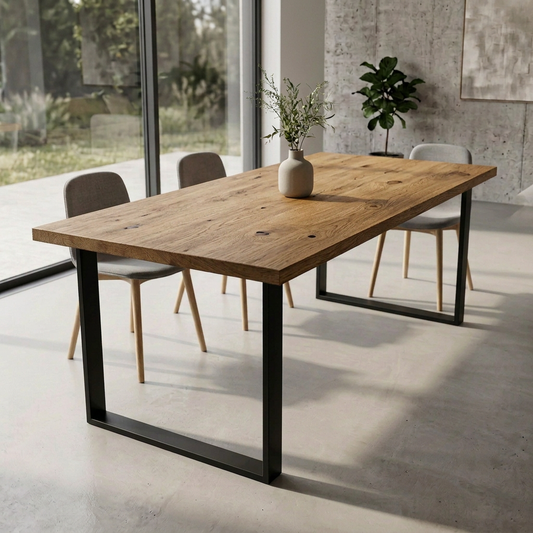 Rustikaler Esstisch aus geölter Eiche mit U-förmigem Fuß von Wildwuchs-Möbel, naturbelassenes Massivholzdesign.