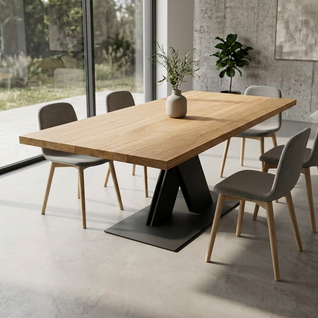 Massiver Esstisch aus Eiche mit geölter Oberfläche und Fuß im Flachen X-Design aus Stahl, von Wildwuchs-Möbel.