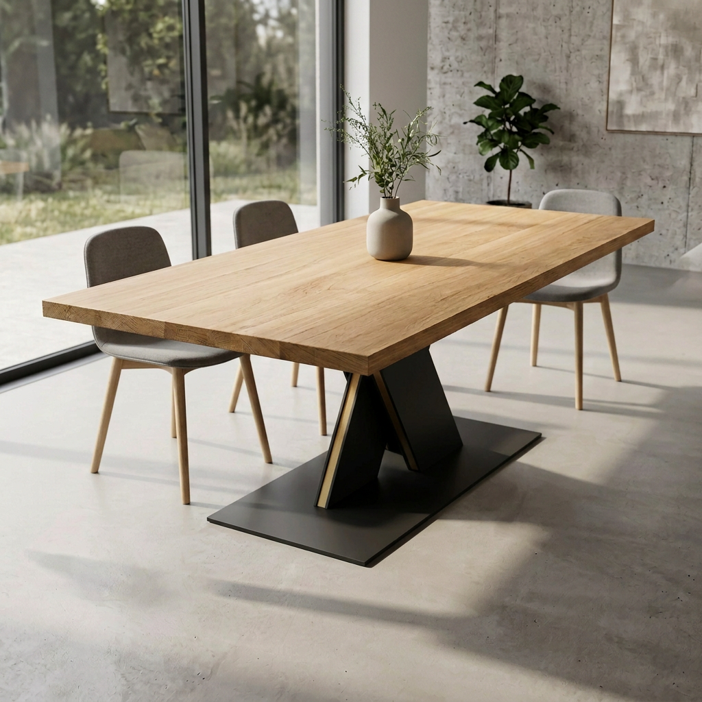 Massiver Esstisch aus Eiche mit naturöl, Stahl-X-Fuß, moderne Holz- und Stahl-Design, Blick auf Tischplatte und Fuß.