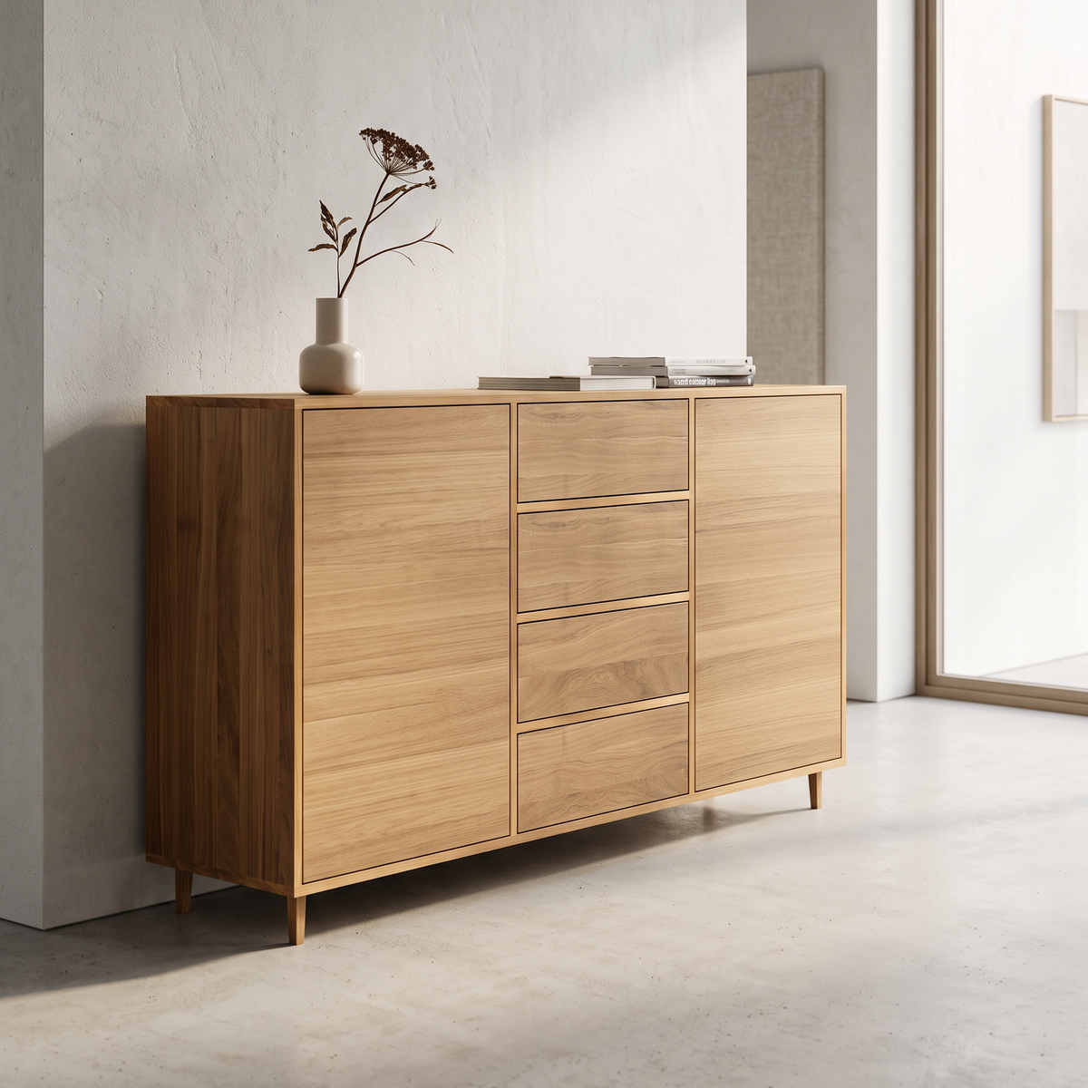 Massives Eichen-Sideboard von Wildwuchs-Möbel, 180cm lang, mit 4 Schubladen und naturgeölter Oberfläche.