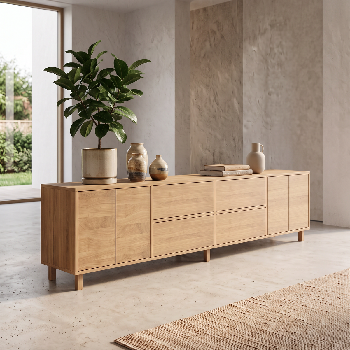 Massives Eichen-Sideboard von Wildwuchs-Möbel, naturgeölt, 340 cm breit, seitliche Ansicht, hochwertiges Möbelstück aus Holz