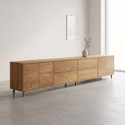 Massives Eichen-Sideboard von Wildwuchs-Möbel, natur geölt, 340cm lang, seitliche Ansicht mit eleganten Holzdetails
