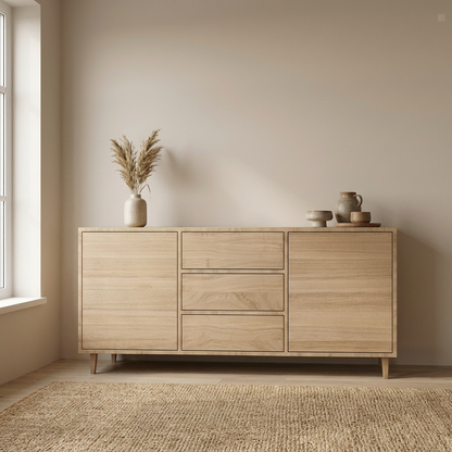 Frontale Ansicht: Maßgefertigtes Sideboard 180 cm gerahmt Invisible Premium aus Massivholz in moderner Wohnumgebung