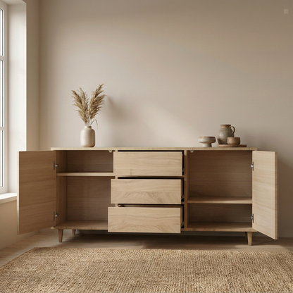 Geöffnete Ansicht: Maßgefertigtes Sideboard 180 cm gerahmt Invisible Premium aus Massivholz im Wohnzimmer