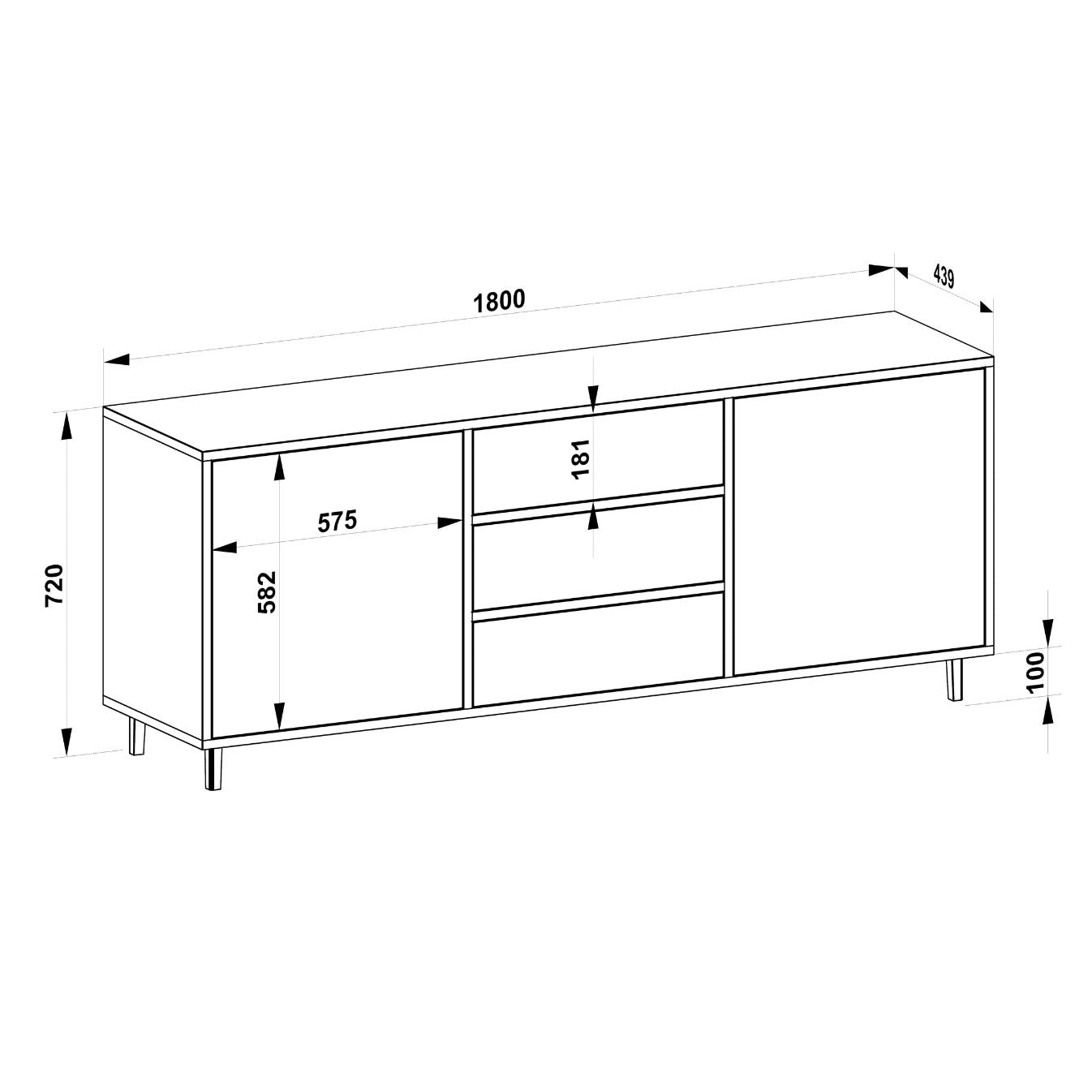 Maßzeichnung Sideboard 180 cm gerahmt mit Breite, Höhe und Tiefe