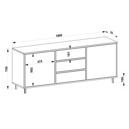 Maßzeichnung Sideboard 180 cm gerahmt mit Breite, Höhe und Tiefe